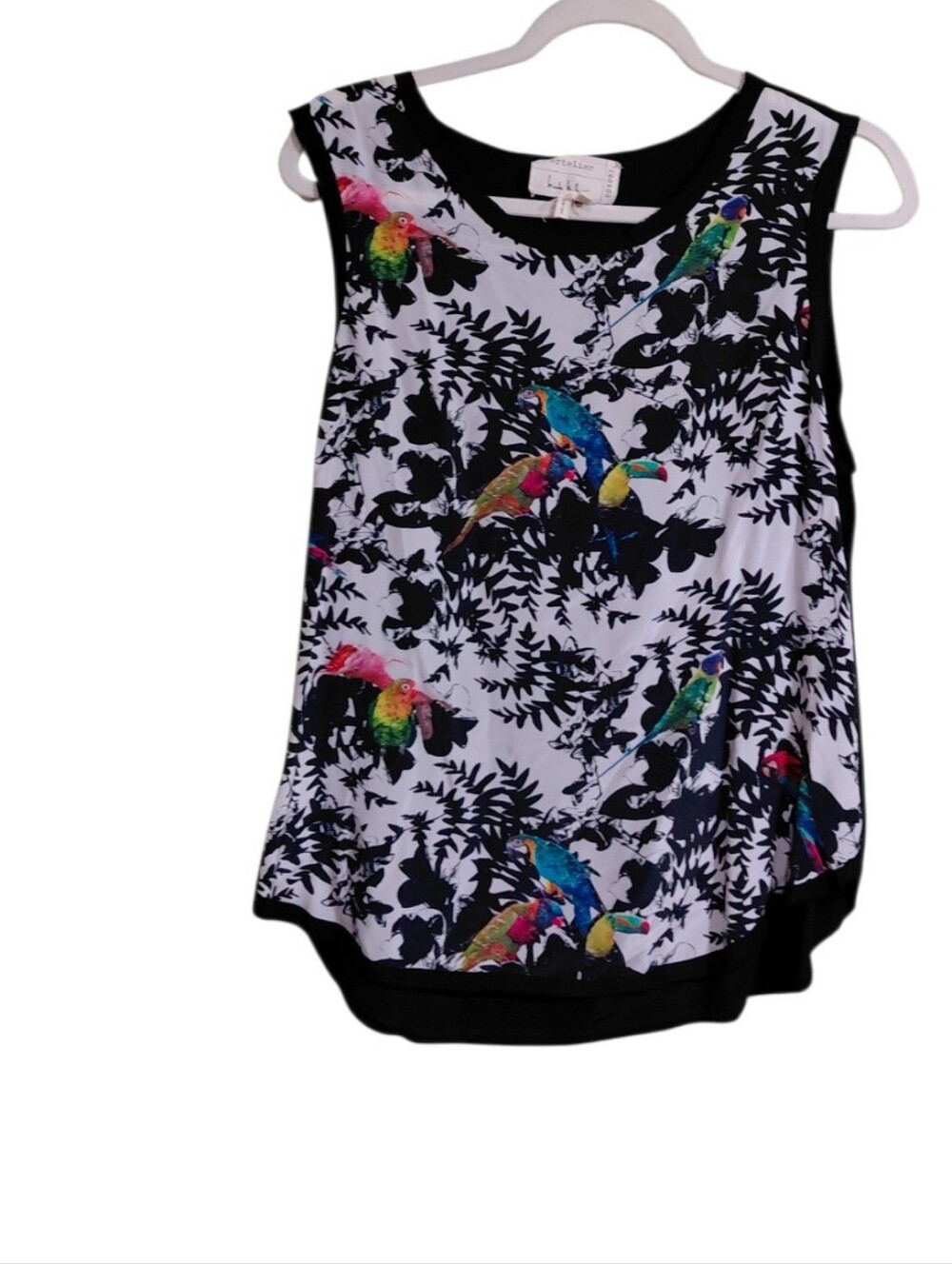 Nicole Miller Silk Black & White Bird Print Tank with Multicolor Accents